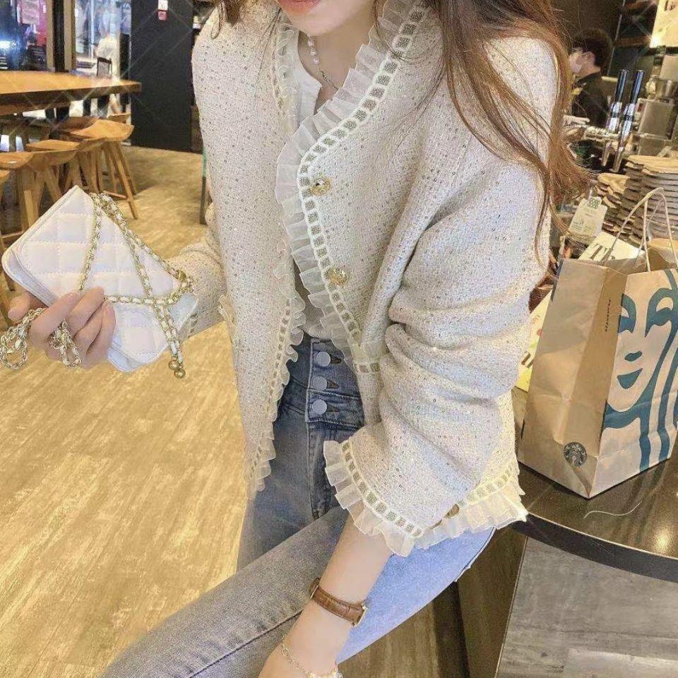 Áo Khoác Ngắn Vải tweed Phối Lưới Phong Cách retro Mùa Thu Cho Nữ