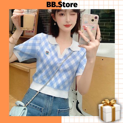 Áo Len Nữ Croptop Tay Ngắn, Áo Croptop Nữ Tay Ngắn Cổ Bẻ Mẫu Caro FreeSize < 58kg