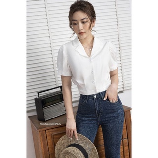 Áo sơ mi trắng ngắn tay dáng crop top, cổ ve xếp ly gấu, hàng thiết kế chính hãng Xưởng Áo Trắng, có sẵn đến size XL