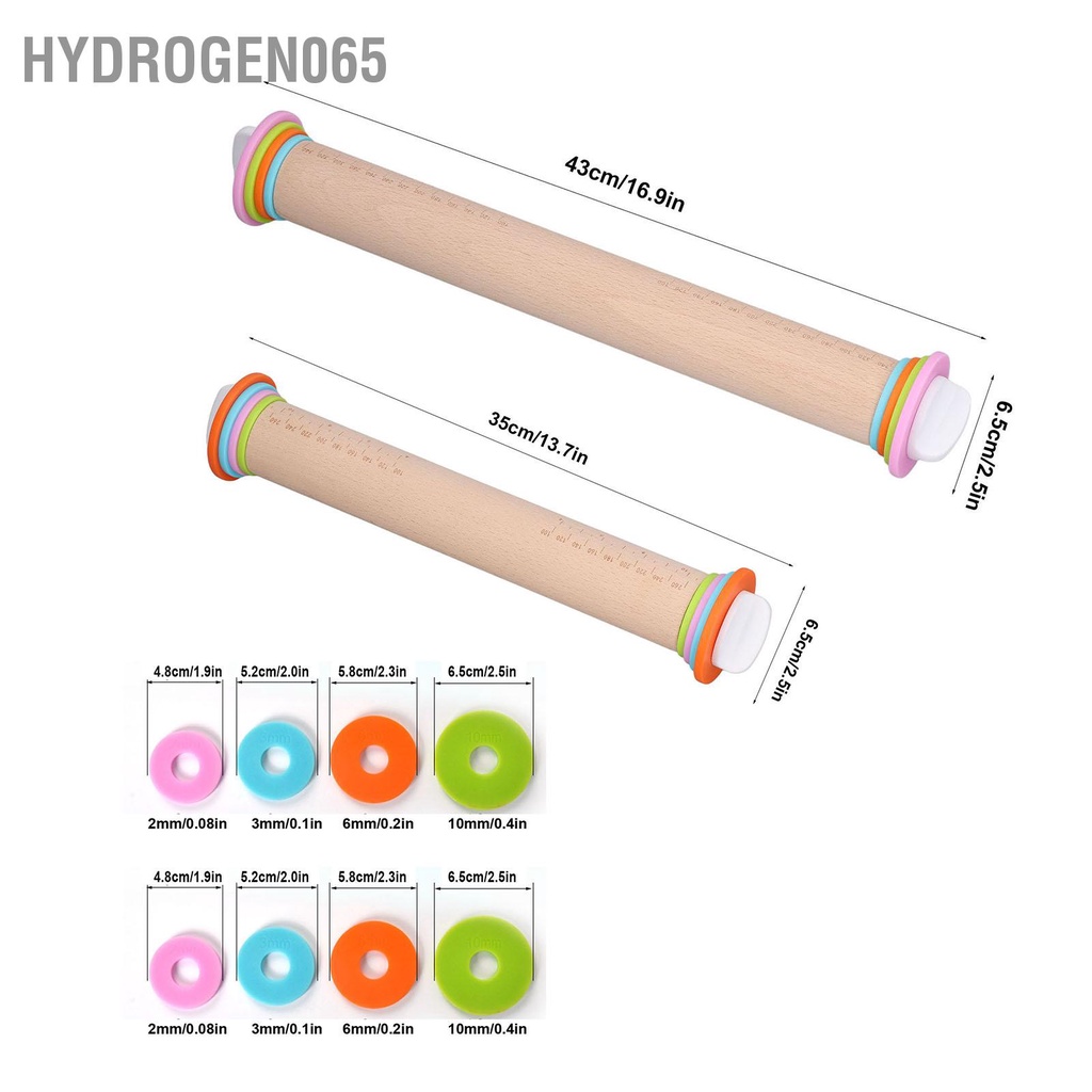 Chốt cán bằng gỗ Con lăn bột có thể điều chỉnh với vòng cân độ dày để nướng bánh Pizza Hydrogen065