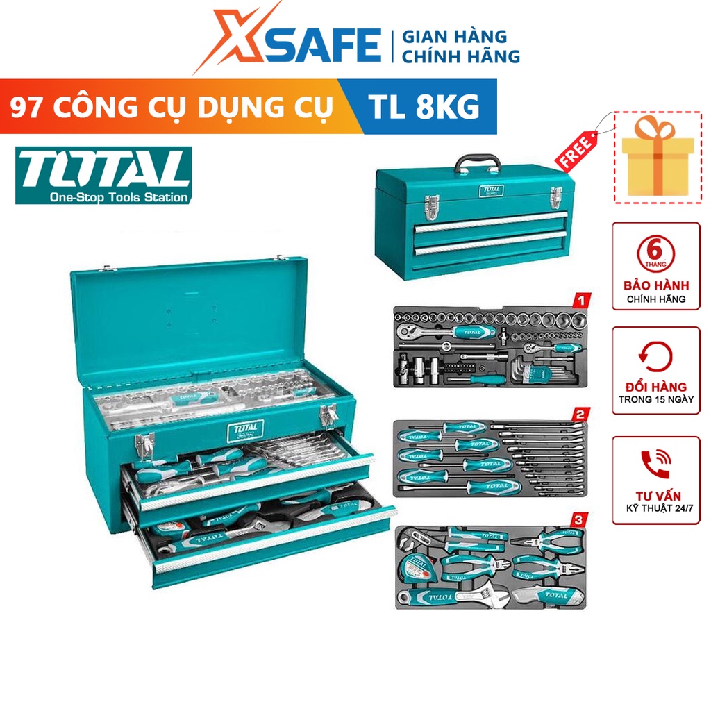 Thùng đựng đồ nghề khóa sắt TOTAL THPTCS70971, bộ 97 công cụ trong hộp đồ nghề bảo vệ, thao tác dễ dàng - chính hãng