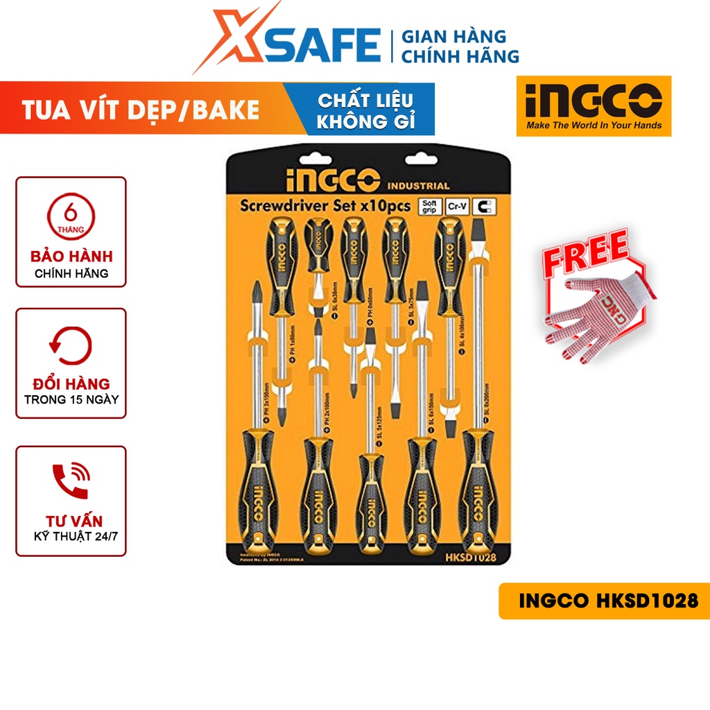 Bộ 10 tua vít INGCO HKSD1028 chất liệu CR-V, đuôi tròn, đa dạng size - chính hãng