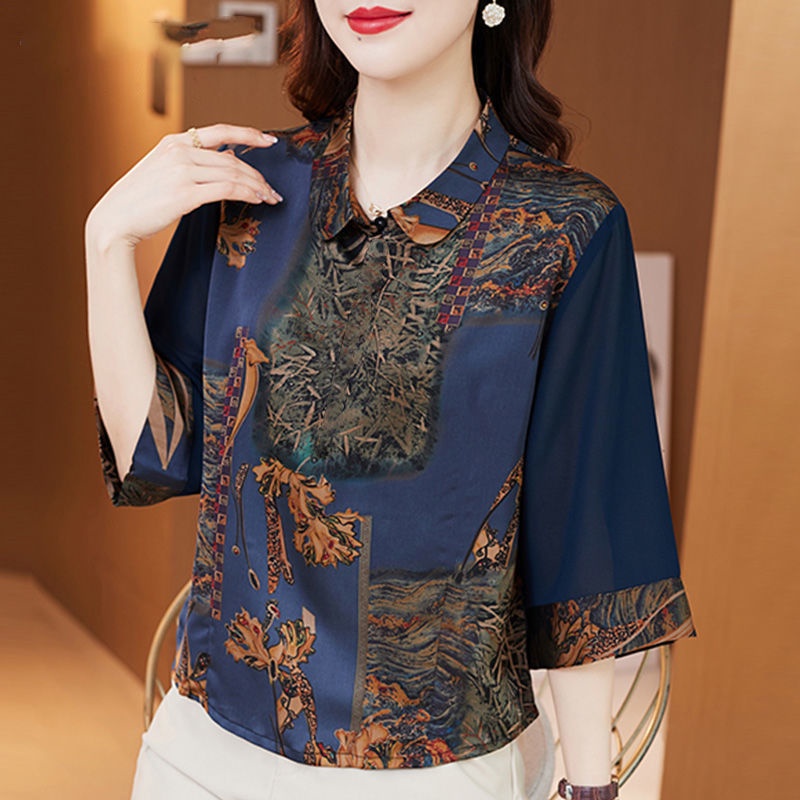 Áo Thun Tay Ngắn Cổ Gập In Họa Tiết Thời Trang Cho Phụ Nữ Trung Niên