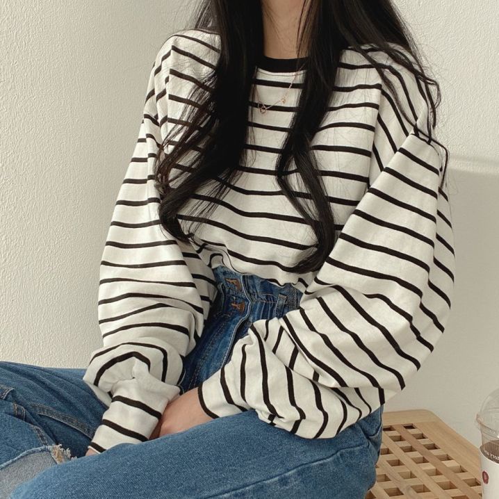 Áo thun tay dài dáng rộng họa tiết kẻ sọc plus size