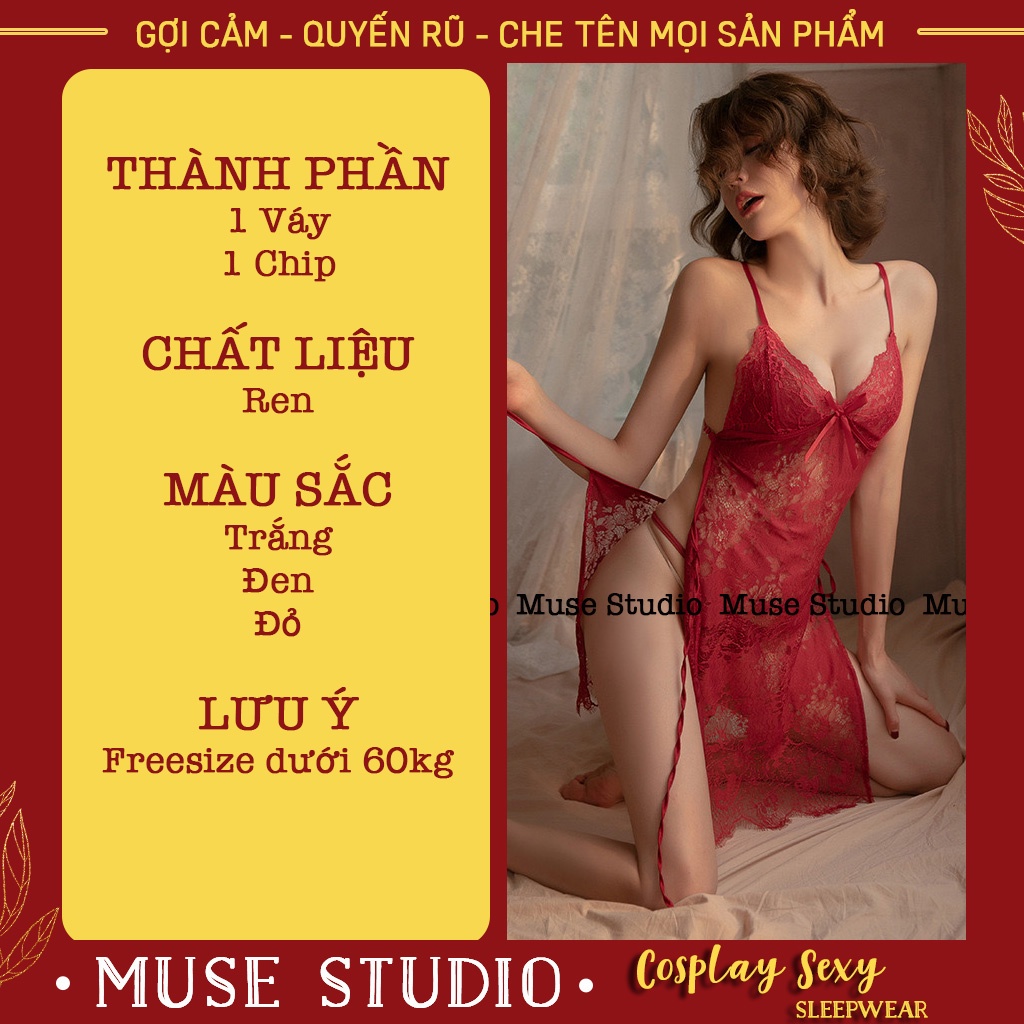 váy ngủ sexy, đầm ngủ hai dây xẻ tà vải ren mềm xuyên thấu tôn dáng gợi cảm