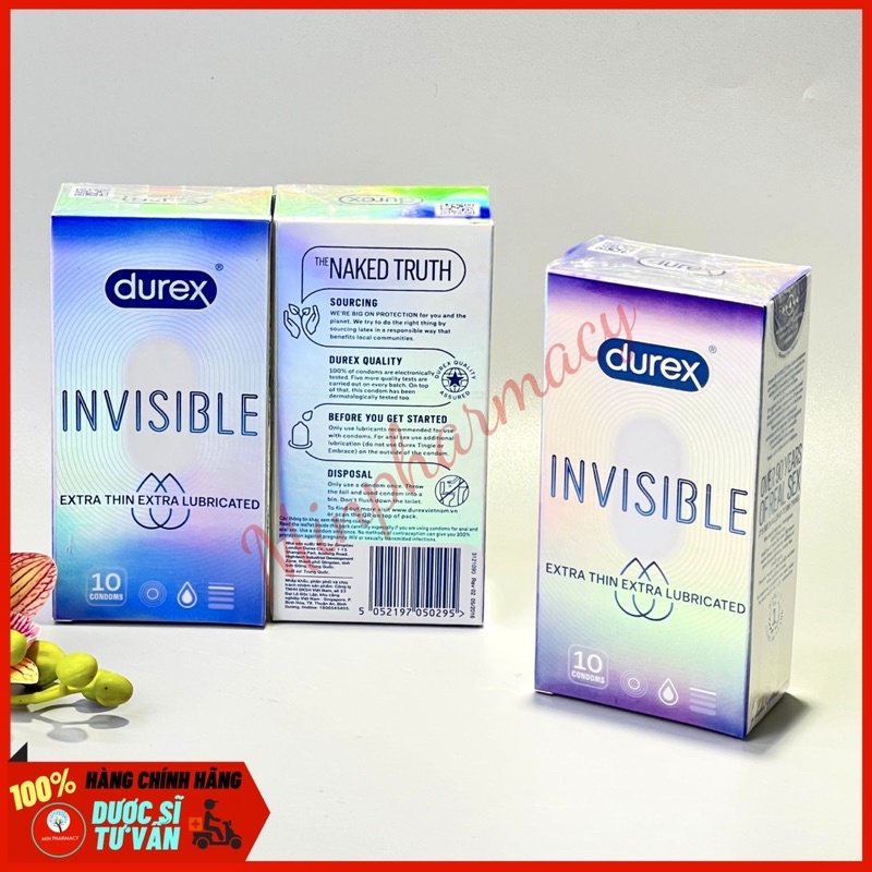 Bao cao su DUREX Invisible Extra thin Extra lubricated Siêu Mỏng Thêm Chất bôi trơn Che tên sản phẩm - Minpharmacy