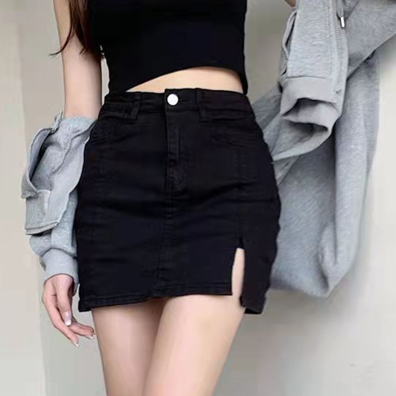 Chân váy jean Ngắn Dáng Chữ A Lưng Cao Xẻ Tà Màu Trơn Đơn Giản Thời Trang Mùa Hè Cho Nữ