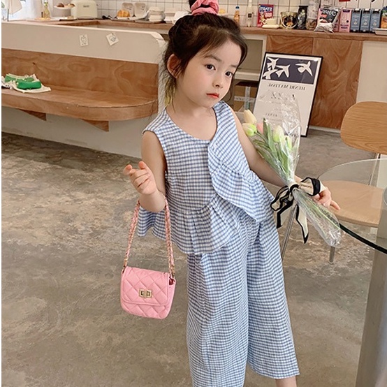 Bộ Áo Sát Nách Cổ Tròn Xếp Ly + Quần Dài Ống Rộng Thời Trang Mùa Hè Hàn Quốc Cho Nữ