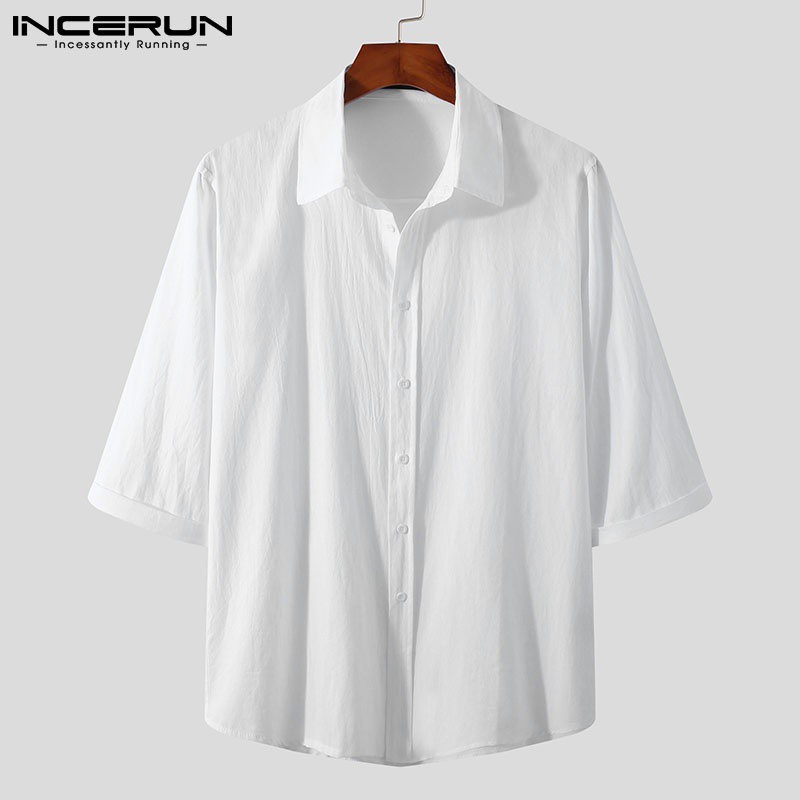 Áo sơ mi INCERUN dáng rộng tay lửng vải cotton màu trơn có khuy gài đơn giản 4 màu tùy chọn cho nam