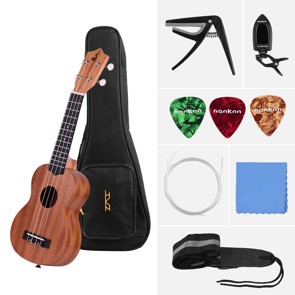 21 Inch Acoustic Soprano Ukulele Ukelele Uke Merbau Plywood Body Engineered Wood Fingerboard Bridge with Gig Bag Tuner Uke Strap Picks Cleaning Cloth Capo