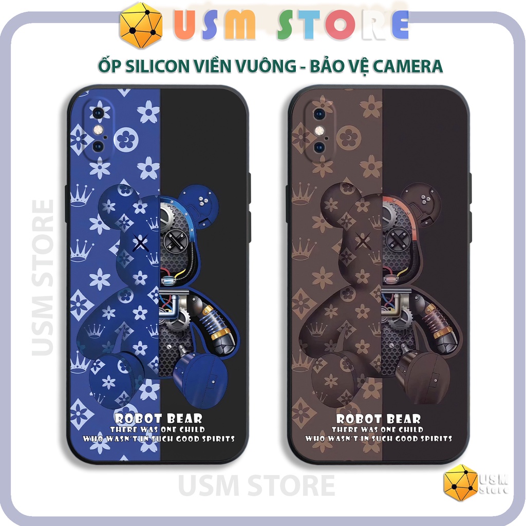 Ốp lưng iphone 6/6s/6 Plus/7 Plus/8 Plus/X/XR/XS/XSmax, viền vuông bảo vệ camera, in hình gấu Bear