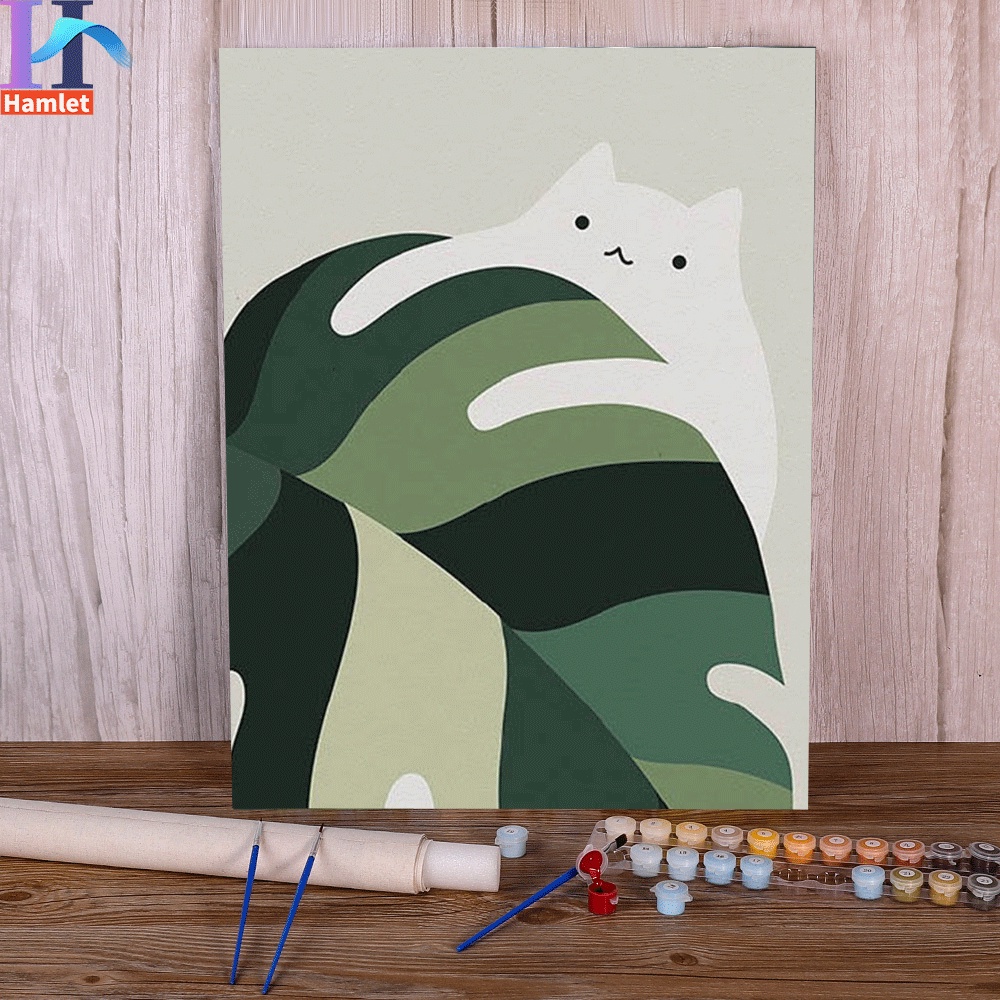 Bộ tranh sơn dầu Hamlet tô màu theo số giúp giải tỏa căng thẳng hình chú mèo trên chiếc lá cỡ 40x50cm