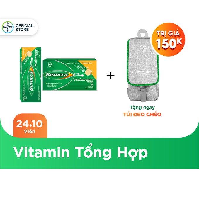 Bộ 2 Hộp Viên Sủi Bổ Sung Vitamin Berocca Performance Mango 10 Viên/Hộp + 24 Viên/Hộp + Tặng 1 Túi Đeo Chéo Berocca