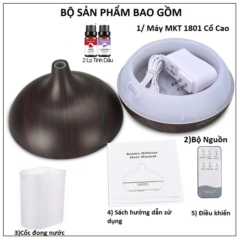 Máy khuếch tán tinh dầu, MKT1801 Cổ Cao vân gỗ, dung tích 550ML, có điều khiển, đèn led 7 màu, tặng kèm 2 lọ tinh dầu