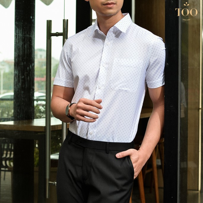 Áo sơ mi nam ngắn tay TQQ họa tiết tinh tế H318CB dáng slimfit công sở xẻ tà có túi ngực lịch sự
