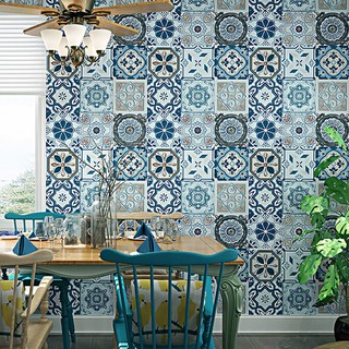 Giấy dán tường giả gạch bông, gạch men xanh