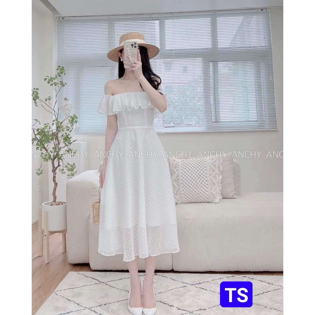 đầm thiết kế,đầm chấm bi nữ maxi dáng xòe phối bèo ngực trễ vai.