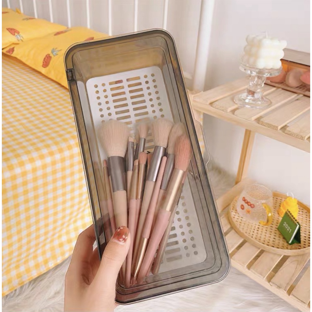 Hộp nhựa đa năng đựng dụng cụ học tập/mỹ phẩm màu vintage trong suốt có nắp đậy tiện lợi và lớp lót