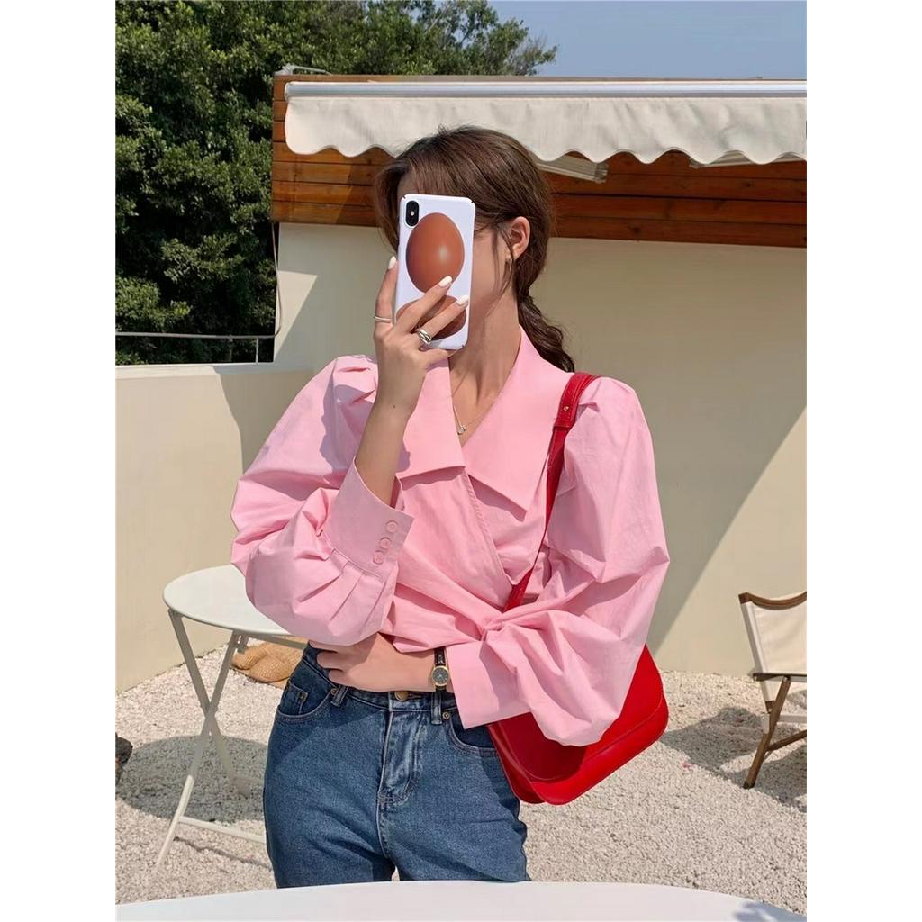 62224 Áo Sơ Mi Ngắn Thắt Nơ Chéo Màu Trơn Cỡ Lớn Kiểu Pháp