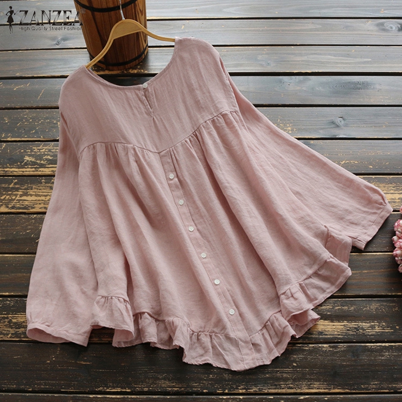 Áo kiểu tay dài cổ tròn xếp ly kiểu dáng thời trang dành cho nữ ZANZEA