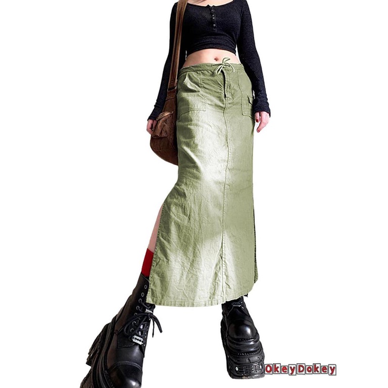 Chân Váy Dài Xẻ Tà Màu Sắc Trơn Phong Cách Vintage Y2K