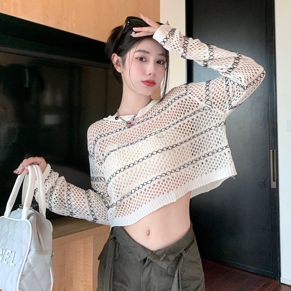 Áo kiểu ZHELIHANGFEI vải dệt kim tay dài chống nắng lưng cao hở eo họa tiết kẻ sọc ngang