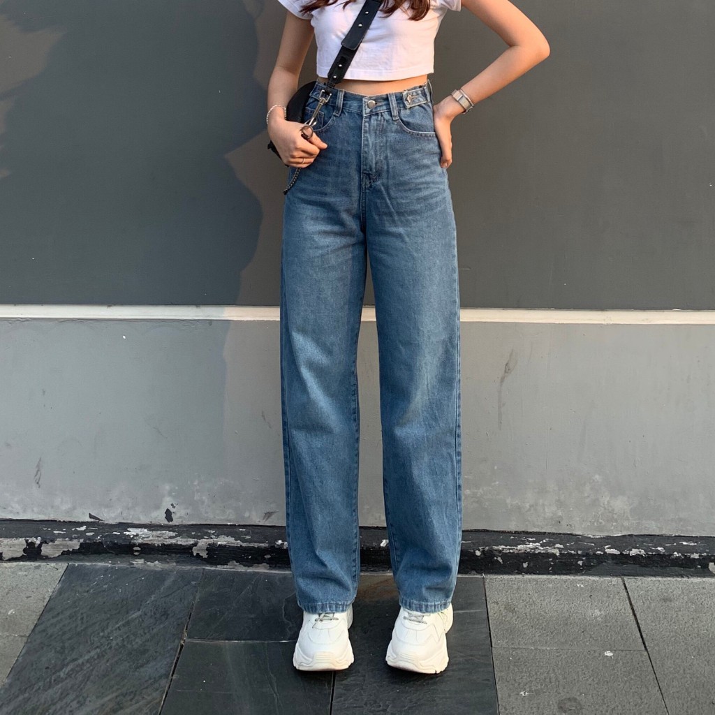 Quần Jean Ống Rộng SIMPLE JEAN Unisex (Gài nút 2 bên lưng K001)