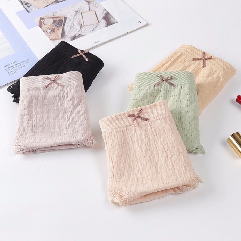 Quần Lót Nữ Cotton Nhăn Kháng Khuẩn Đính Nơ Ôm Mông Viền Ren Dễ Thương