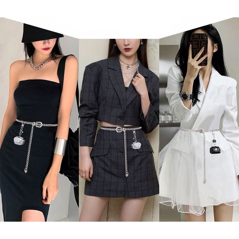 Thắt lưng / đai lưng xích hợp kim cài khóa đính túi mini trang trí sành điệu