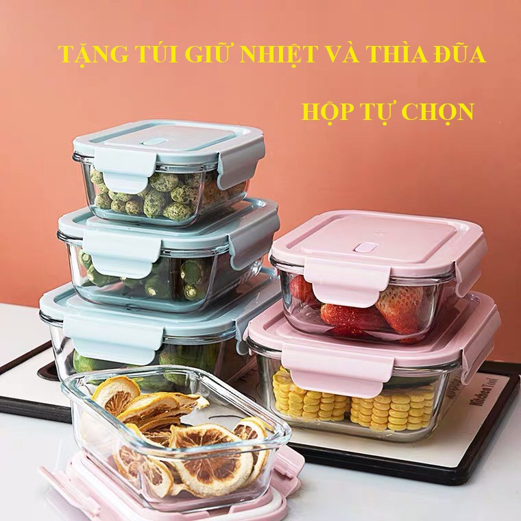 Hộp cơm thủy tinh gồm 2 hộp đựng đồ ăn TẶNG Túi giữ nhiệt và Thìa đũa