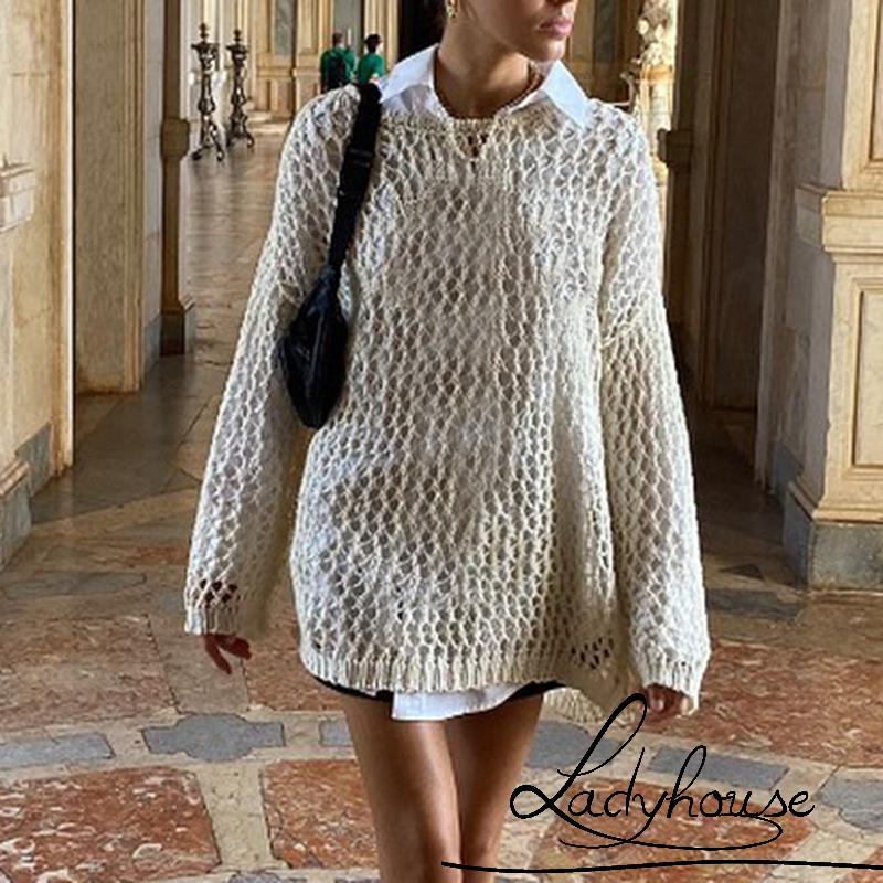 Áo Dệt Kim Tay Dài Cổ Tròn Dáng Rộng Thiết Kế Khoét Lỗ Thời Trang Cho Nữ