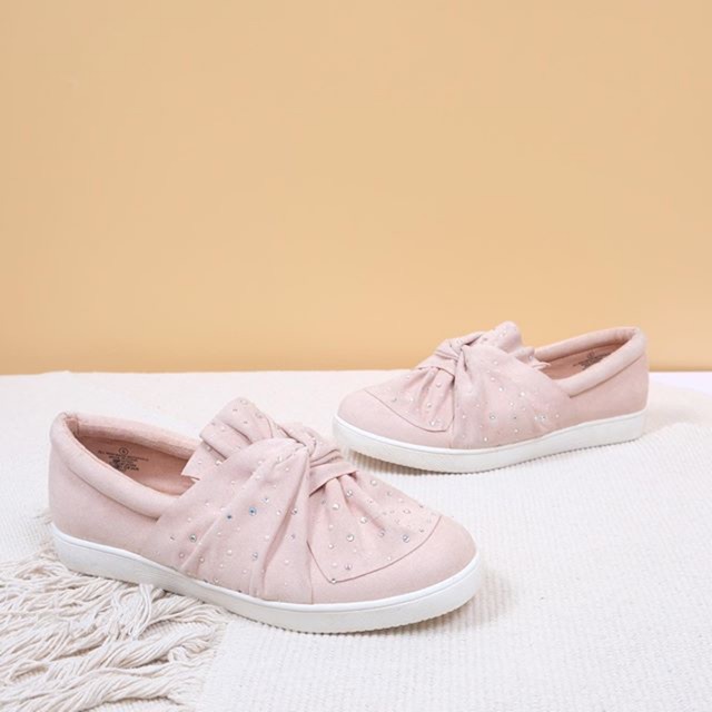 Giày slip on nơ da lộn đính hạt