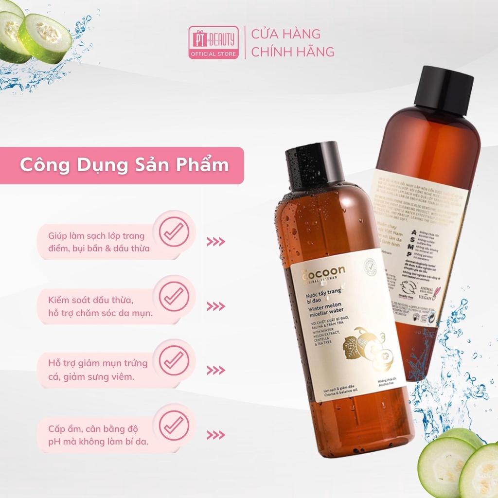 Nước tẩy trang bí đao Cocoon tẩy sạch makeup và cấp ẩm 500ml