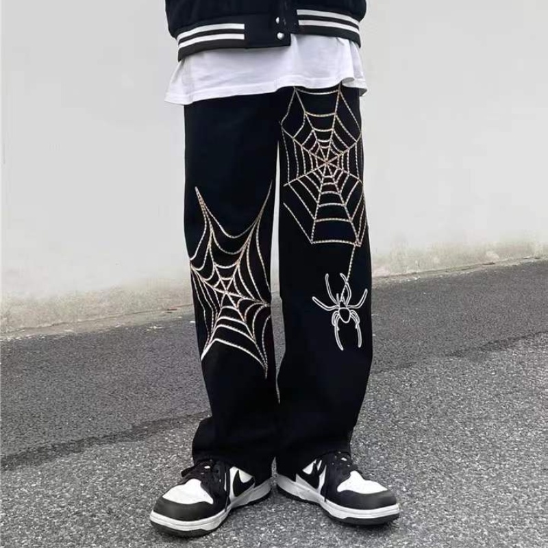✦ AFFLIGA ✦Quần jean ống đứng lưng cao thêu hình nhện phong cách hip hop đường phố cho nam