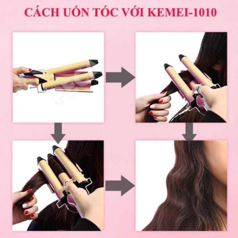 Máy uốn tóc chuyên nghiệp Kemei KM-1010 tiện lợi với 3 trục uốn dùng để uốn xoăn, uốn lọn gợn sóng tạo độ phòng cho tóc