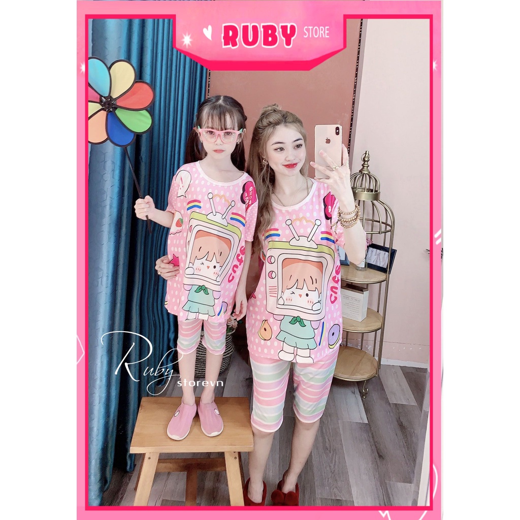 Đồ bộ thun QUẦN LỬNG mẹ và bé mặc nhà size đến 70kg chất thun mềm mát in hình hoạt hình chibi dễ thương DBRBL FULL SIZE