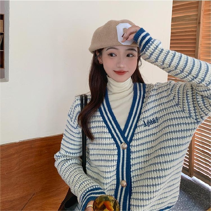 Áo cardigan ZHELIHANGFEI dệt kim tay dài dáng rộng hoạ tiết kẻ sọc cho nữ