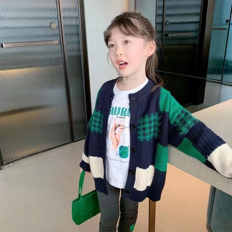 Áo Khoác Cardigan Dệt Kim Màu Sắc Tương Phản Phong Cách Phương Tây Thời Trang Thu Đông 2022 Cho Bé Gái