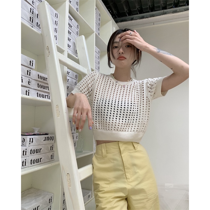 DUNEA Áo Sweater Dệt Kim Tay Ngắn Dáng Rộng Thiết Kế Quyến Rũ Cho Nữ