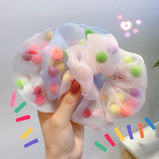 Cột tóc vải scrunchies kèm pom pom