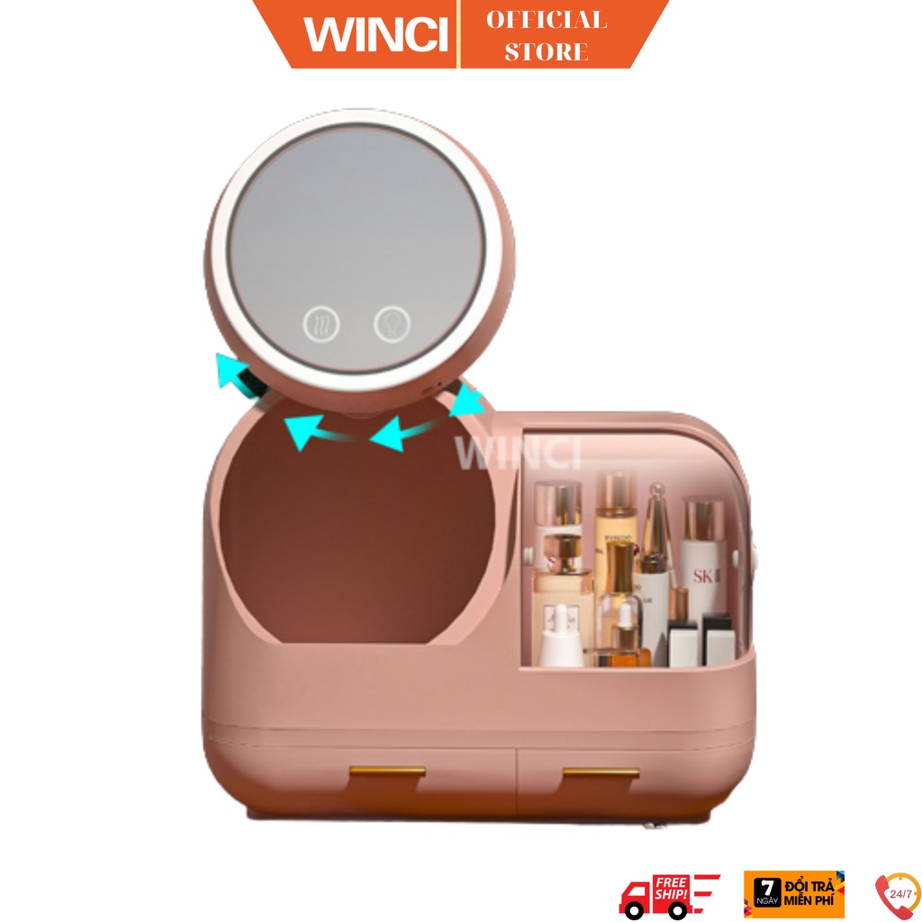 Hộp đựng Mỹ phẩm, Đồ trang điểm, Trang sức WinCi 3 tầng, Mặt kính trong suốt, Có Gương Xoay và Đèn trang điểm, WIN-M5