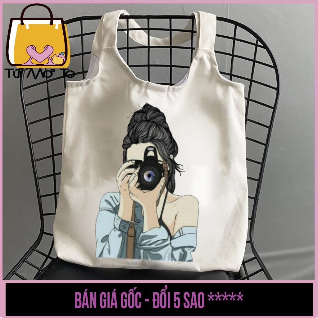 Túi tote vải canvas quai tròn có khóa kéo in hình cô gái cầm máy ảnh - Túi Mơ To store