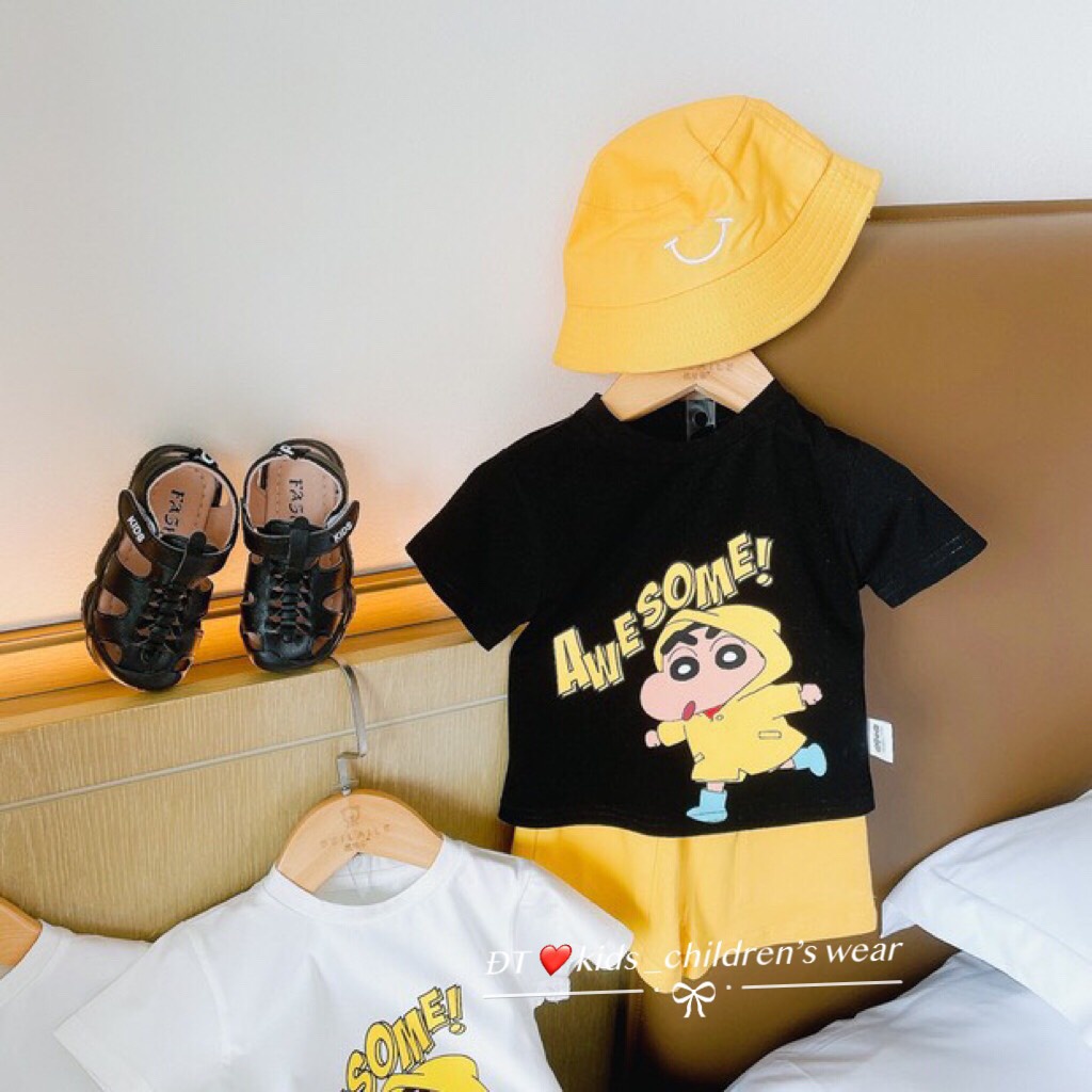 Bộ cộc tay bé trai, bộ cotton tàu họa tiết cậu bé Shin dễ thương