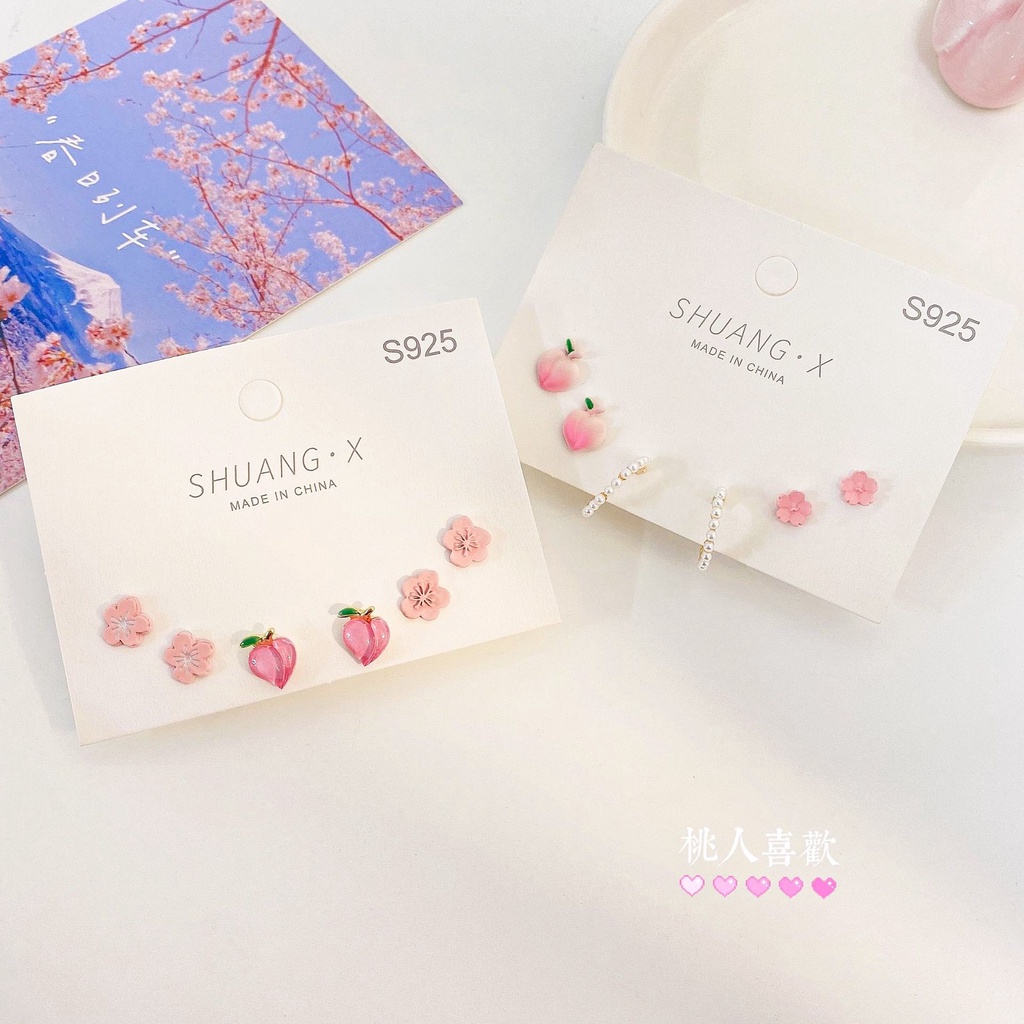 Set Bông tai,hoa tai, khuyên tai hình đào và hoa dễ thương phong cách Hàn Quốc