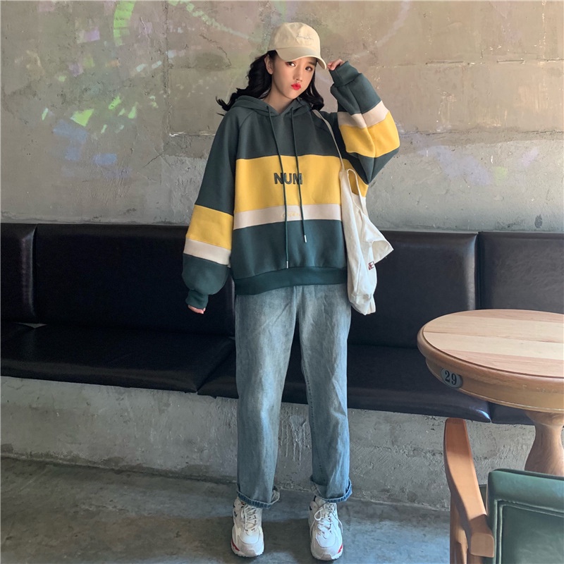 IELGY  Áo Hoodie Tay Dài Dáng Rộng Lót Nhung In Chữ Thời Trang Cho Nữ