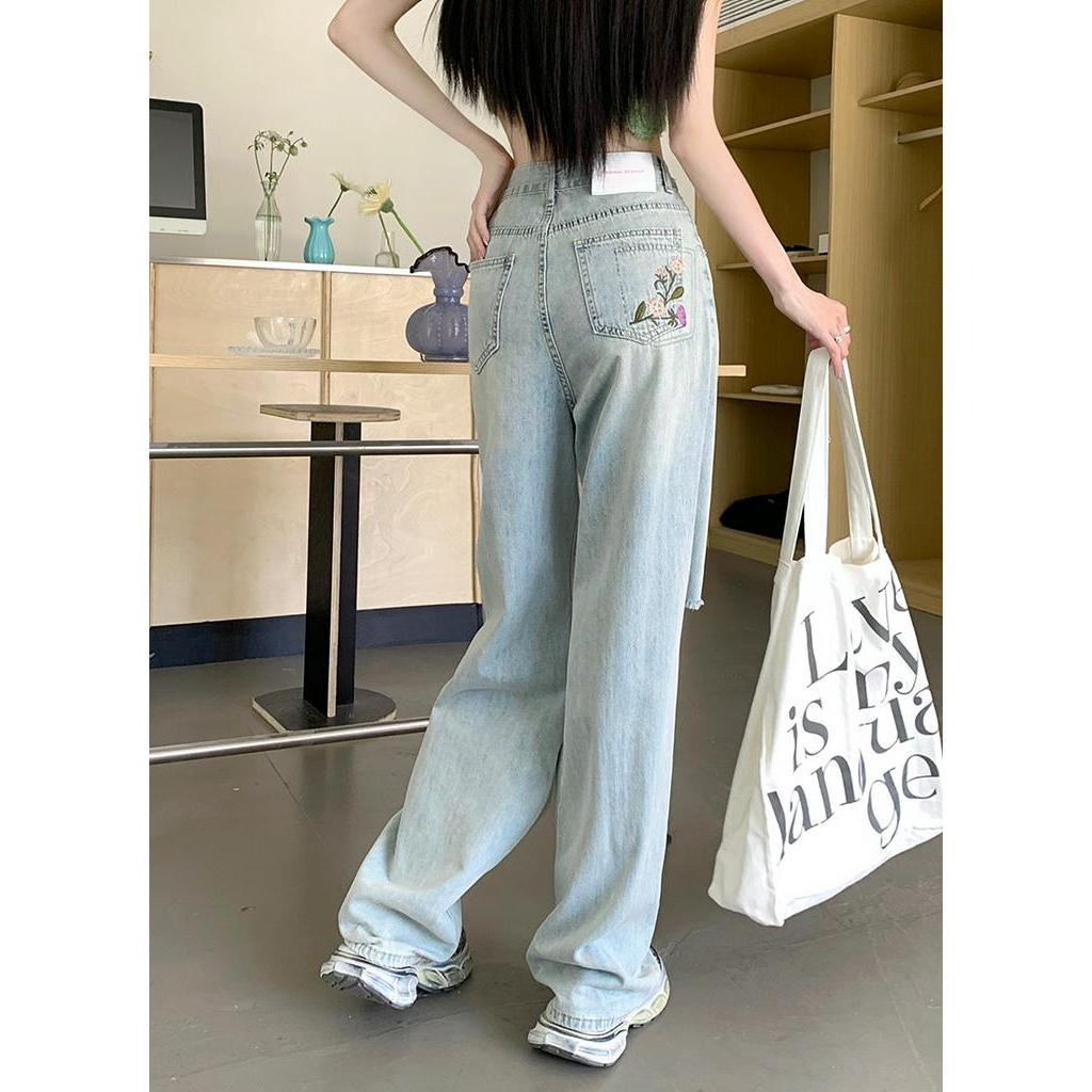 Quần Jean Ống Rộng Rách Gối Thêu Hoa Phong Cách Mới Mùa Hè 64011