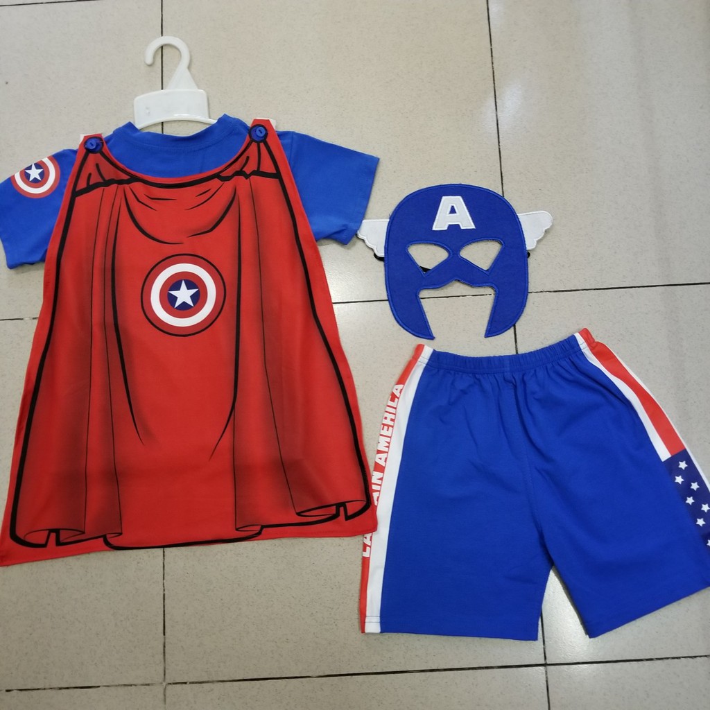 Bộ thun bé trai đội trưởng Mỹ captain America kèm khăn choàng mặt nạ nhỏ và đại