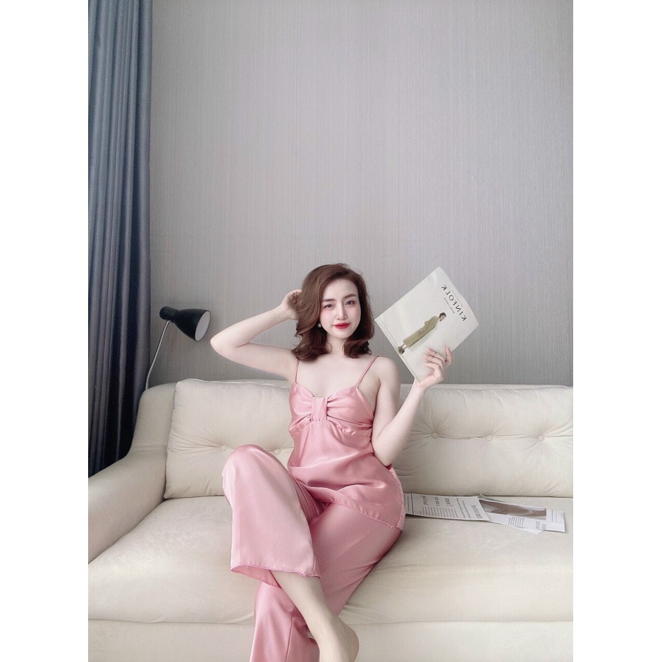 👉Sét đồ ngủ phối nơ 2 dây👉 quần dài lụa satin cao cấp dễ thương