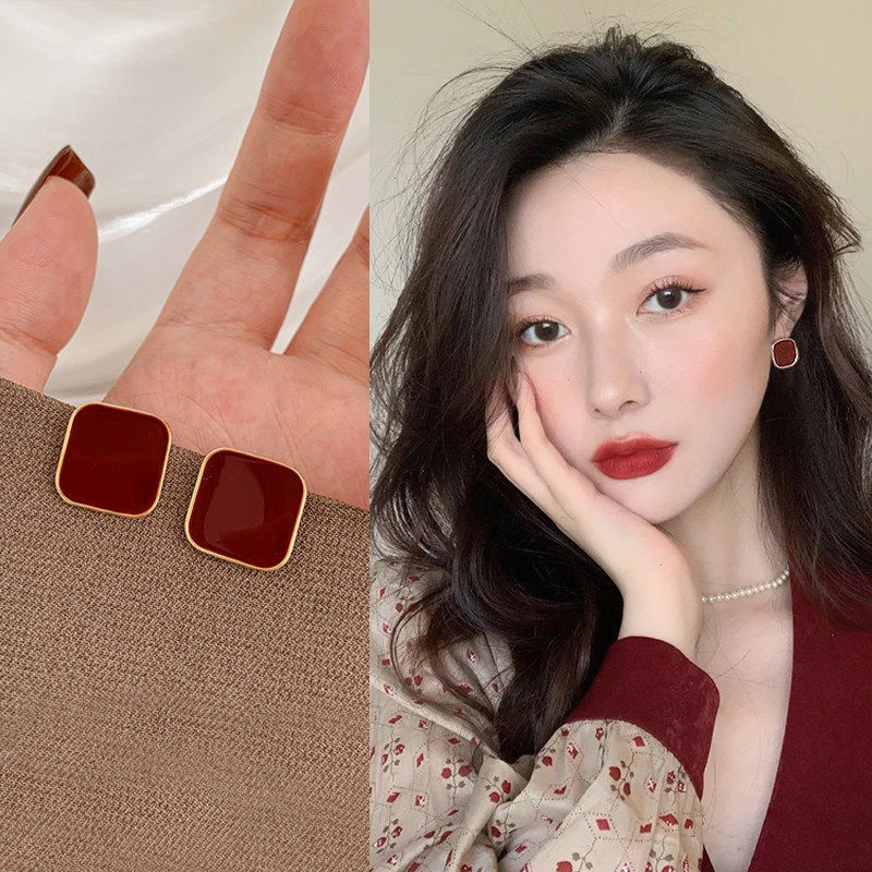 Khuyên Tai Hình Giọt Nước Màu Đỏ Tía Phong Cách Vintage