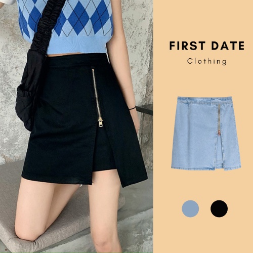 (sẵn xanh L) Chân váy bò chân váy jeans FIRST DATE dáng chữ A cá tính xẻ vạt khóa kéo denim